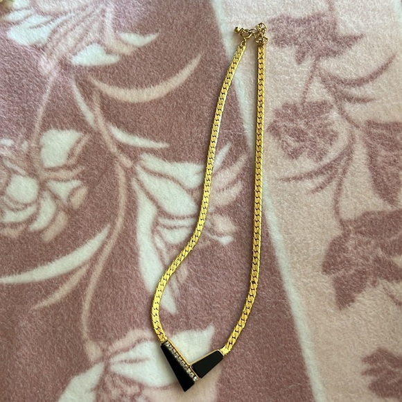 Vintage Gold V Necklace with Black Enamel & Rhinestones –statement piece - Picture 3 of 3